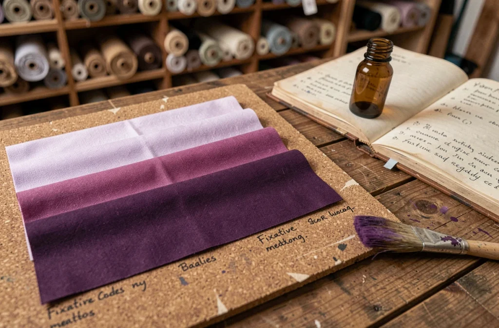 Échantillons de tissu polyester teint en différentes nuances de violet épinglés sur un tableau en liège avec des notes manuscrites sur les cycles de lavage