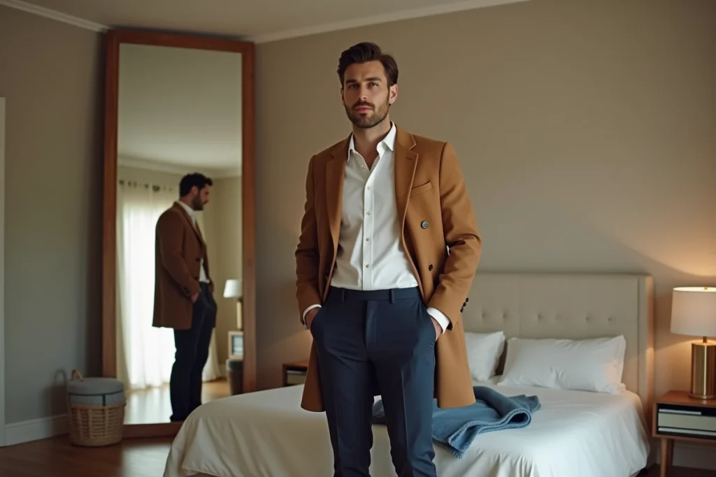Jeune homme essayant une tenue homme tendance 2026 devant un miroir dans une chambre moderne épurée