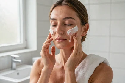 Femme appliquant un gommage exfoliant doux sur le visage dans une salle de bain minimaliste