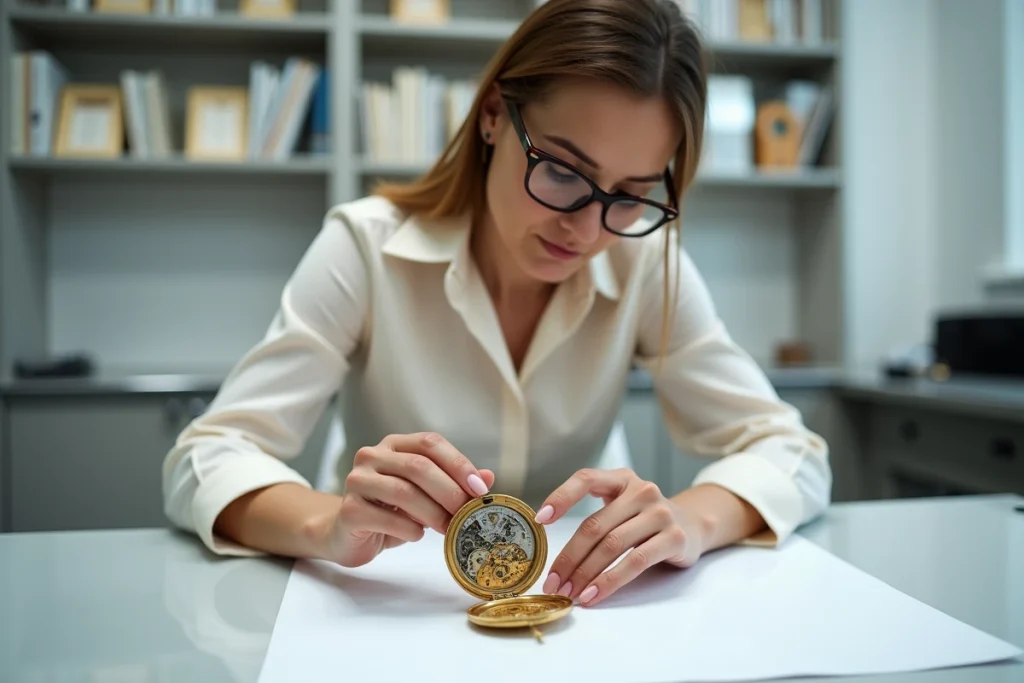 Experte en horlogerie inspectant le mouvement d'une montre de poche suisse ancienne chez un commissaire-priseur
