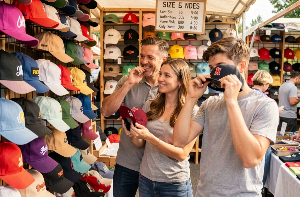 Famille choisissant des casquettes de différentes tailles sur un marché, guide tailles casquette enfant femme homme