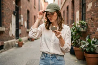 Jeune femme ajustant une casquette verte en coton dans une rue urbaine, guide choix de taille de casquette femme