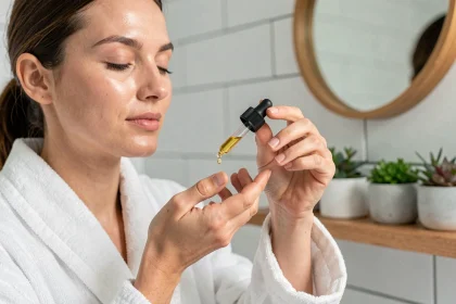 Femme appliquant de l'huile de jojoba sur son visage dans une salle de bain minimaliste