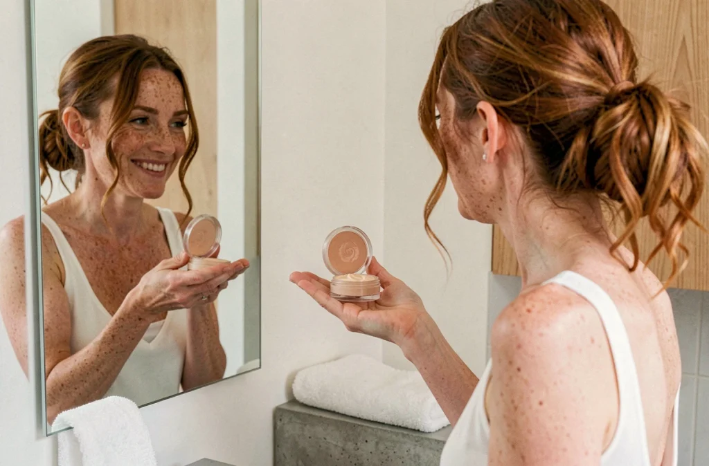 Femme aux cheveux roux tenant un pot de blush crème ouvert devant un miroir de salle de bain minimaliste, effet bonne mine naturel