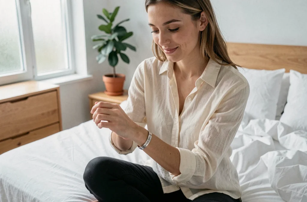 Jeune femme émue lisant le message gravé sur son bracelet couple personnalisé en argent, assise sur un lit blanc dans une chambre épurée