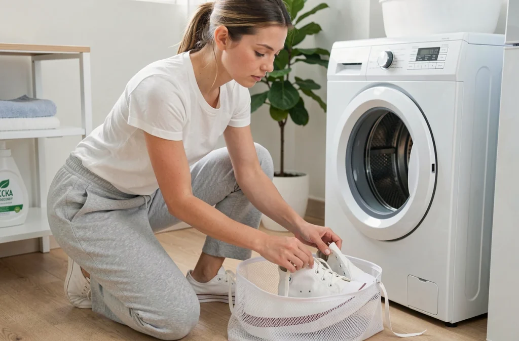 Femme plaçant ses Converse blanches dans un filet de lavage avant de les mettre en machine