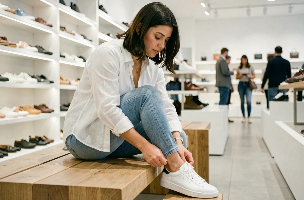 Femme essayant des baskets blanches dans une boutique de chaussures moderne avec guide de pointures UK France