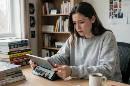 Jeune femme parcourant des médias sur une tablette montrant des titres sur l'image corporelle des célébrités