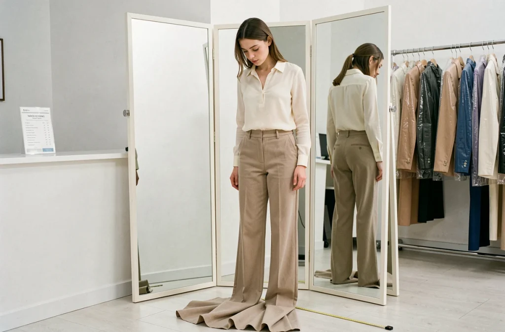 Jeune femme debout face à un miroir de retoucherie avec un pantalon beige trop long, illustrant la nécessité d'une retouche d'ourlet professionnelle