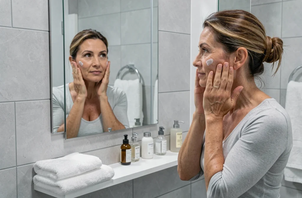Femme d'âge mûr admirant sa peau hydratée grâce à l'huile de jojoba devant un miroir