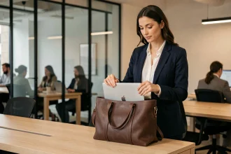 Femme professionnelle rangeant un ordinateur portable dans un sac de travail en cuir marron structuré dans un bureau moderne