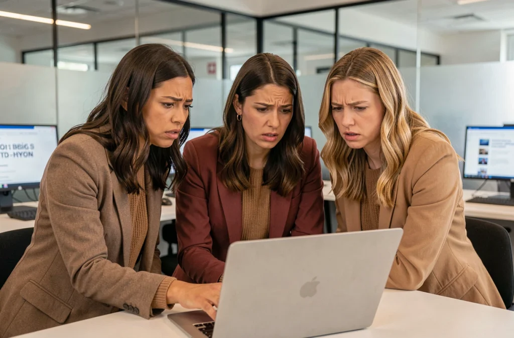 Groupe de femmes en salle de rédaction discutant d'un article sur le corps des célébrités dans les médias