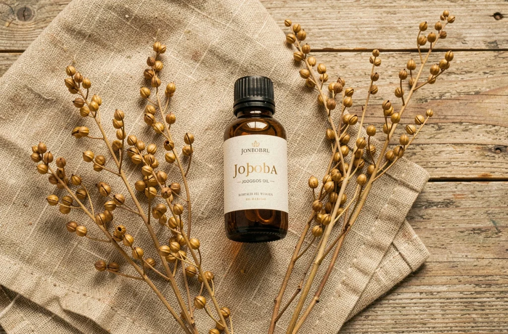 Flacon d'huile de jojoba avec graines et branches de jojoba sur surface en bois naturel