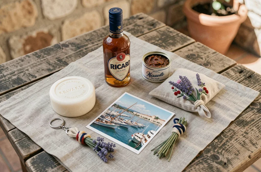 Flat lay de souvenirs typiques de Marseille incluant savon, pastis, tapenade et sachet lavande sur lin naturel
