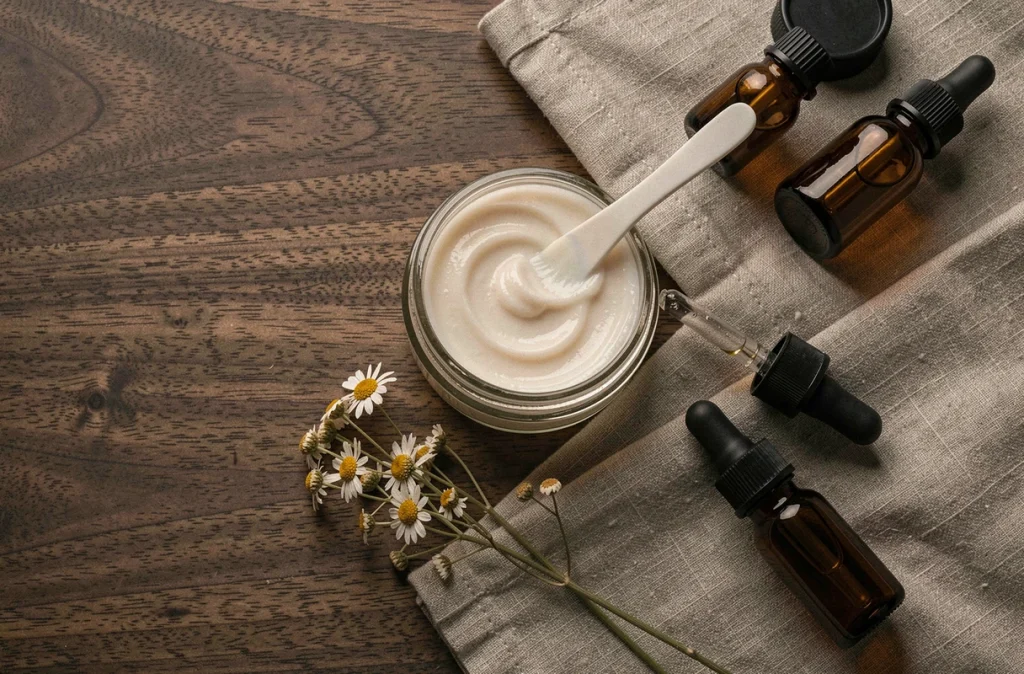 Flatlay minimaliste d'un baume démaquillant en pot de verre avec accessoires beauté sur bois sombre pour un rituel du soir