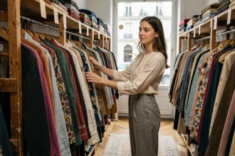Jeune femme qui chine dans une friperie parisienne aux rails de vêtements vintage colorés et rayonnages en bois anciens