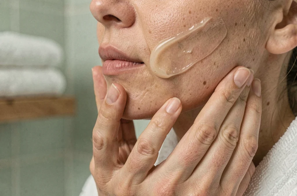 Gros plan de mains massant un baume démaquillant ambré sur la peau du visage avec traces de maquillage dissoutes