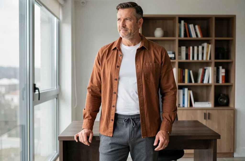 Homme en overshirt marron et jogger chic gris dans un intérieur moderne, tenue casual élégante pour morphologie 48-50