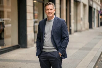 Homme de 48 à 50 ans bien habillé en blazer marine et chino sombre, style élégant et confortable en taille 48-50