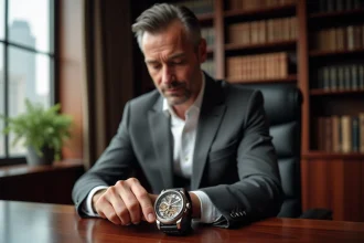 Homme d'affaires en costume gris examinant une montre de luxe en platine dans un bureau privé de banque privée