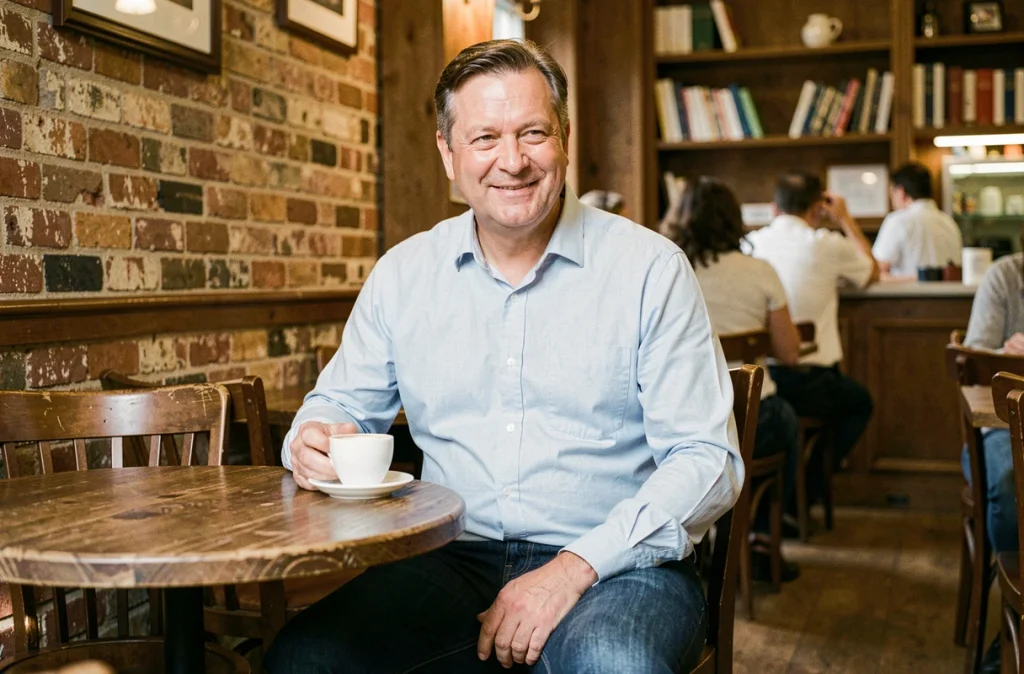 Homme cinquantenaire en chemise Oxford bleue et jean bien coupé attablé dans un café, look décontracté et élégant grande taille