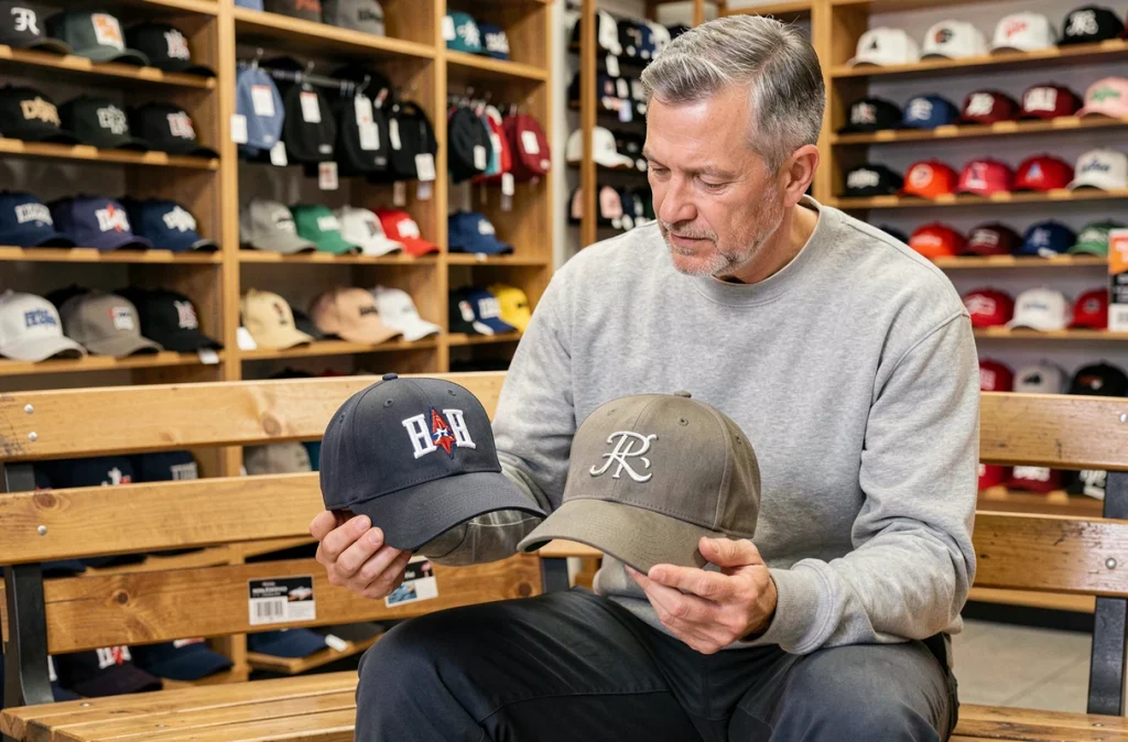 Homme adulte comparant deux casquettes dans un magasin de sport, conseils pour bien choisir la taille de casquette homme