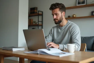 Homme élégant dans la trentaine qui cherche une tenue tendance 2026 sur un site de vente en ligne depuis son appartement moderne