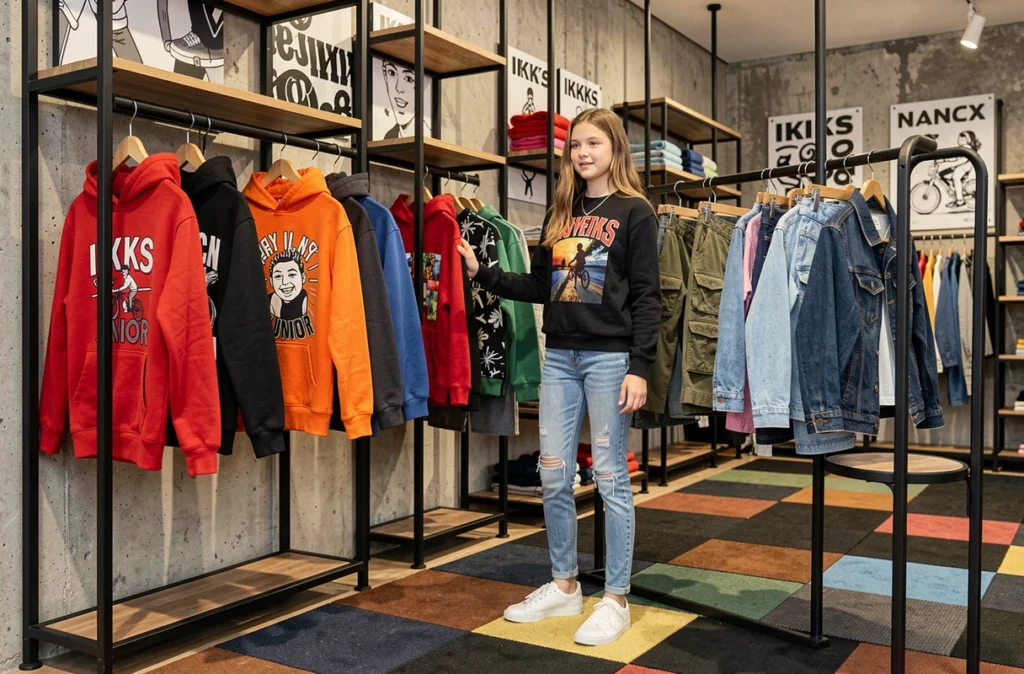 Adolescente parcourant des vêtements IKKS Junior dans une boutique mode enfant et ado à Nancy au design urbain