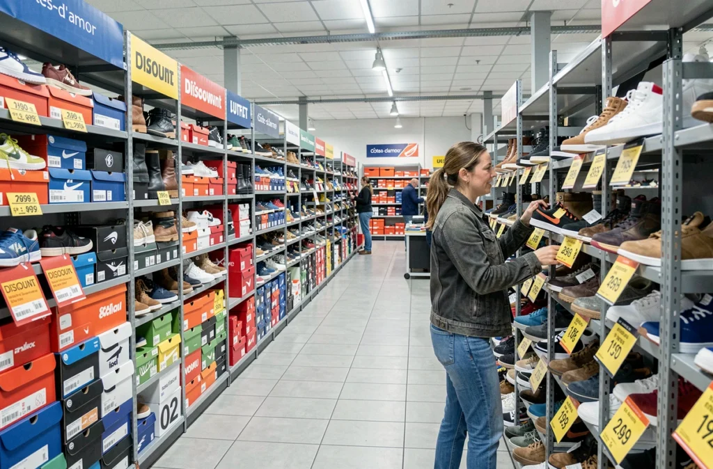 Cliente parcourant les rayons d'un magasin de déstockage de chaussures de marques en Côtes-d'Armor