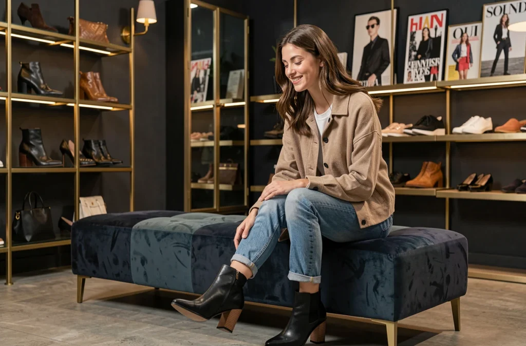 Jeune femme essayant des chaussures tendance dans une boutique de mode à Brest