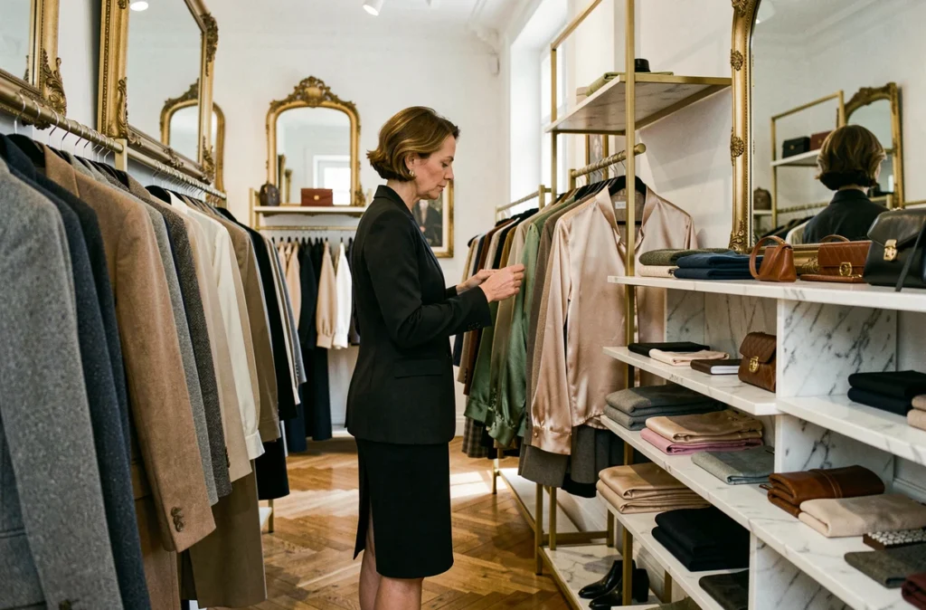 Intérieur d'une boutique de luxe seconde main à Rambouillet avec des vêtements de créateurs soigneusement disposés