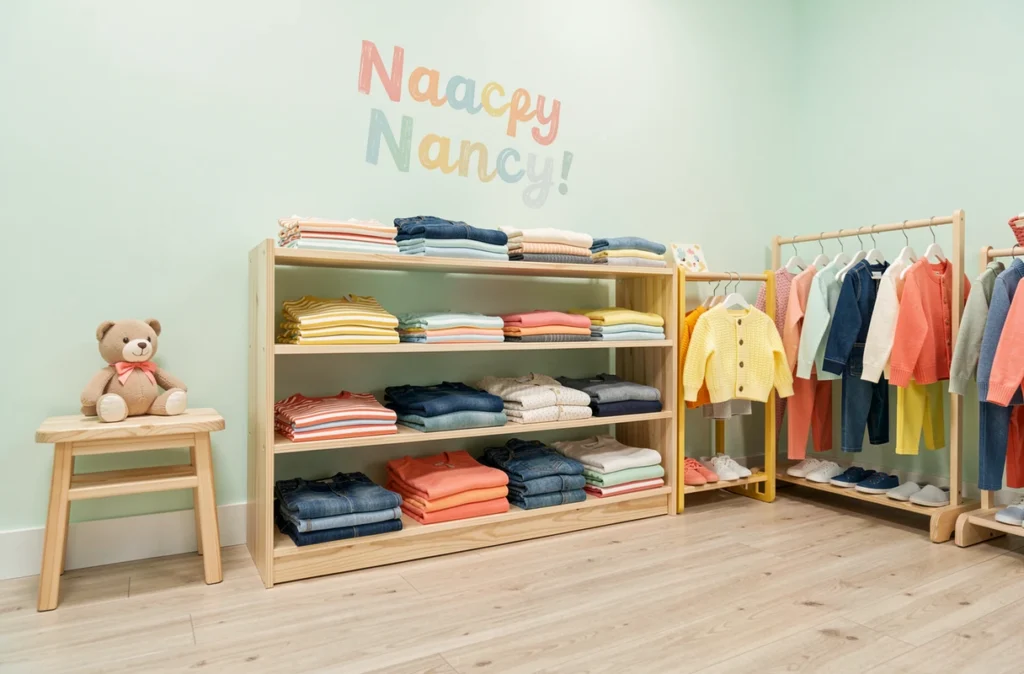 Intérieur coloré de la boutique Les P'tits Stan à Nancy avec des vêtements pour enfants en bas âge sur des portants en bois