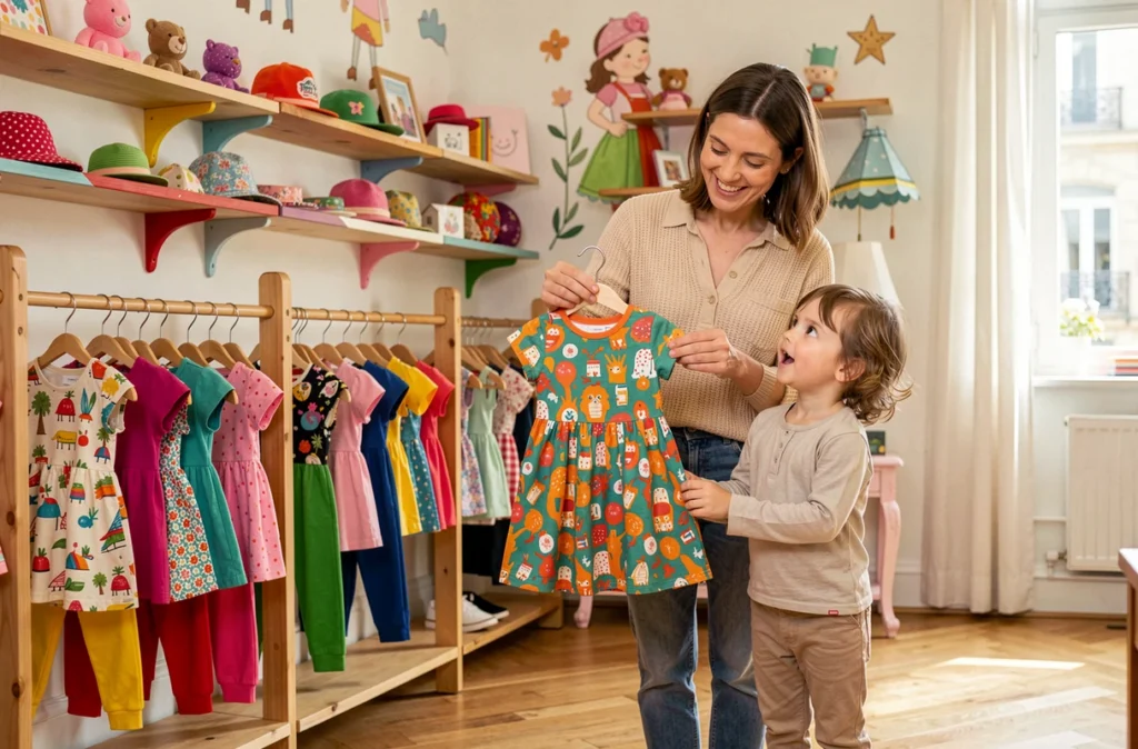 Boutique de mode enfant Loulou Pistache à Versailles avec une mère et sa fille découvrant une robe colorée