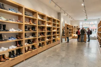 Vue intérieure d'un magasin de chaussures breton avec un large choix de modèles exposés sur des étagères en bois