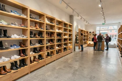 Vue intérieure d'un magasin de chaussures breton avec un large choix de modèles exposés sur des étagères en bois