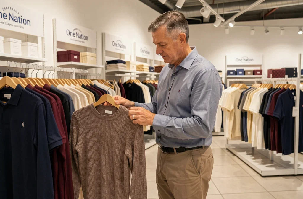 Outlet Maison Montagut à One Nation aux Clayes-sous-Bois avec des pulls en maille premium exposés sur des portants