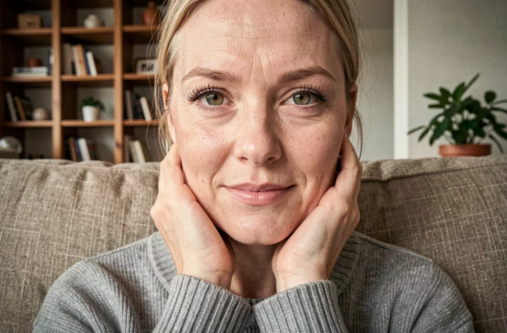 Femme mature aux cils naturellement recourbés mis en valeur par un mascara transparent, portrait lifestyle dans un salon chaleureux aux tons boisés