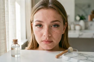 Femme aux cils naturellement définis avec mascara transparent, assise devant une coiffeuse minimaliste dans une salle de bain de style scandinave
