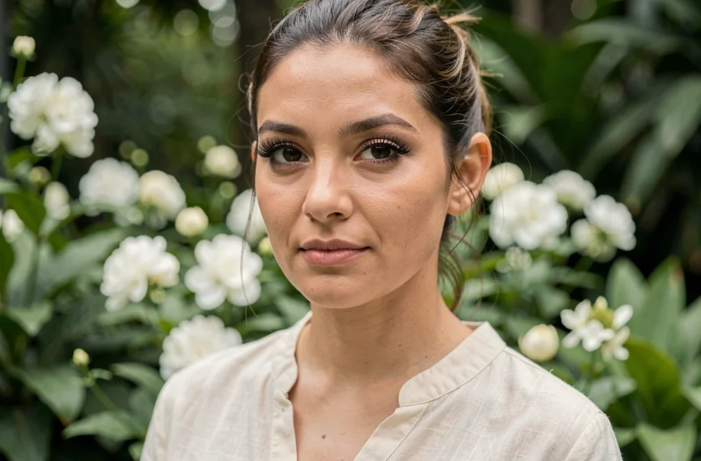 Femme aux cils longs rehaussés par un mascara transparent en plein air dans un jardin botanique, portrait trois-quarts sur fond de végétation