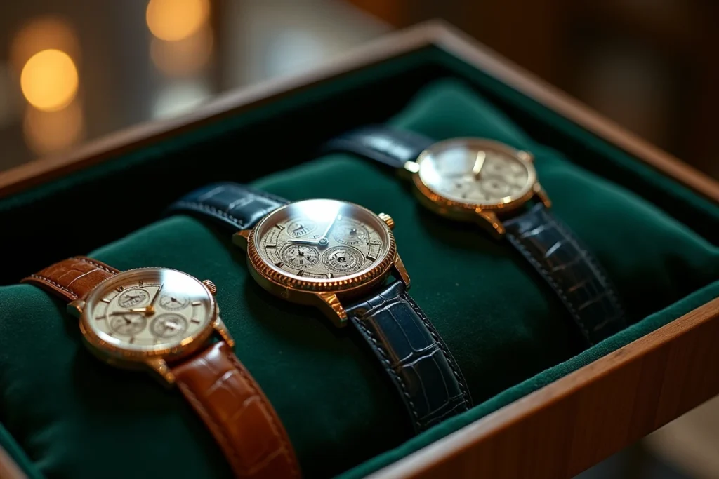 Trois montres de luxe rares sur plateau de velours vert dans une boutique horlogère haut de gamme