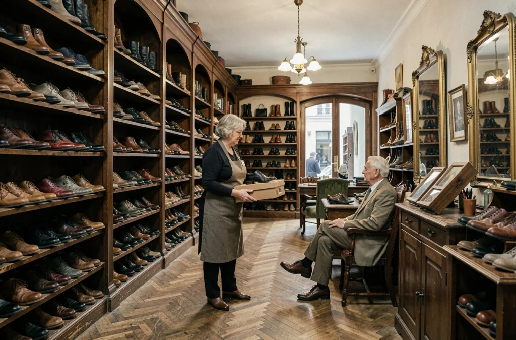Intérieur d'un magasin de chaussures brestois historique avec des rayonnages en bois et une vendeuse expérimentée