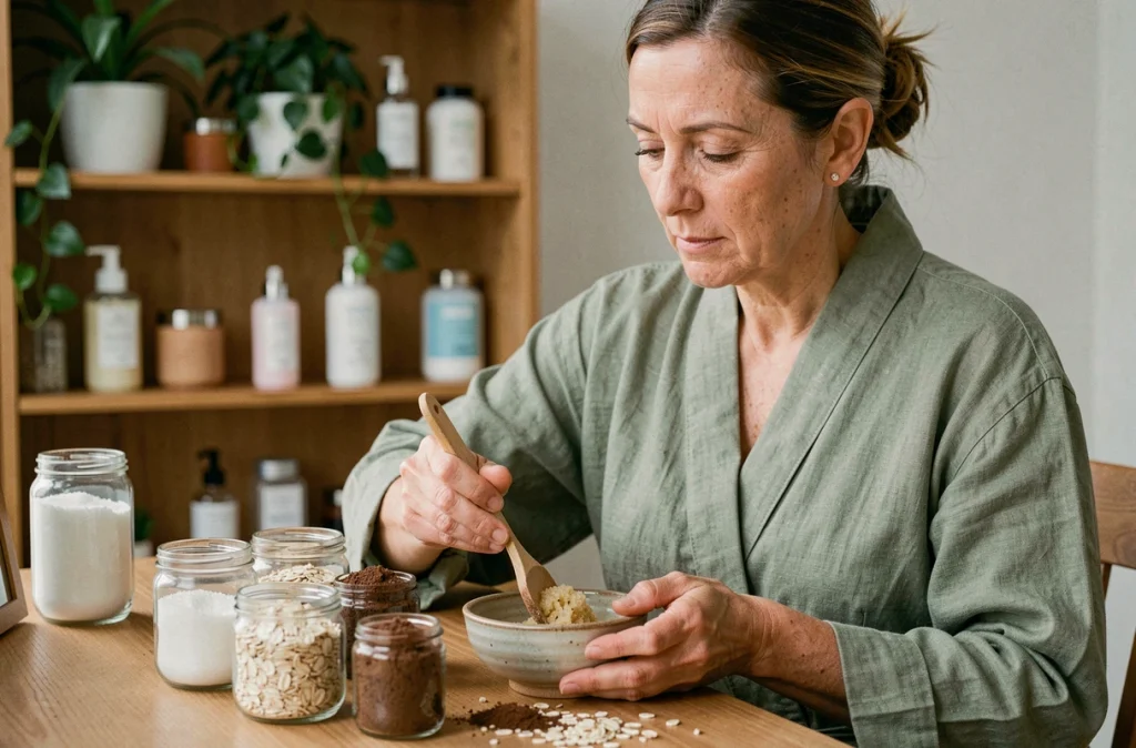 Femme préparant un gommage naturel maison avec des ingrédients exfoliants sur une coiffeuse en bois