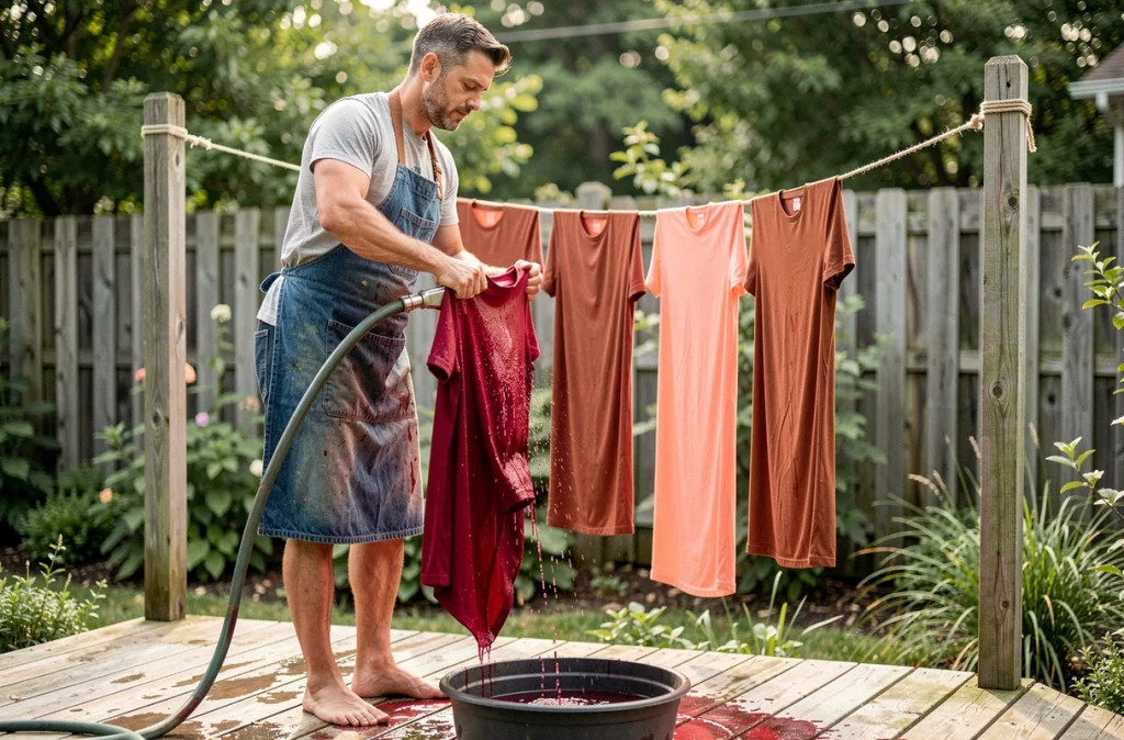Homme rinçant un vêtement en polyester teint en rouge sous un tuyau d'arrosage sur une terrasse en bois avec des tissus séchant en arrière-plan