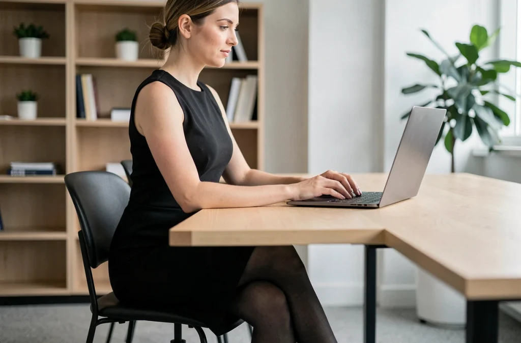 Femme assise au bureau en robe noire et collant opaque gris anthracite