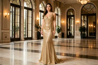 Femme en robe de soirée dorée longue et élégante dans un palace aux sols en marbre