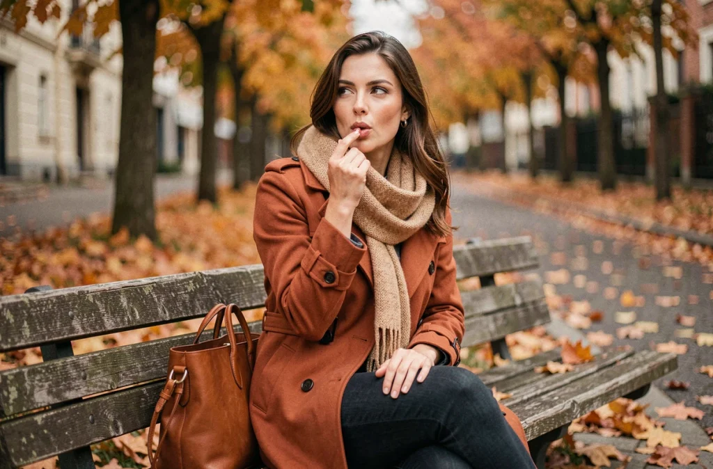 Femme appliquant un baume teinté sur ses lèvres en automne, assise sur un banc en bois entouré de feuilles mortes colorées