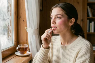 Jeune femme appliquant un baume hydratant sur ses lèvres en hiver près d'une fenêtre givrée, vêtue d'un pull en maille crème