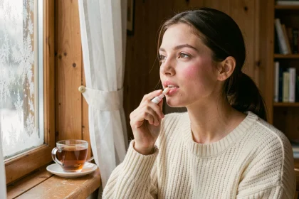 Jeune femme appliquant un baume hydratant sur ses lèvres en hiver près d'une fenêtre givrée, vêtue d'un pull en maille crème