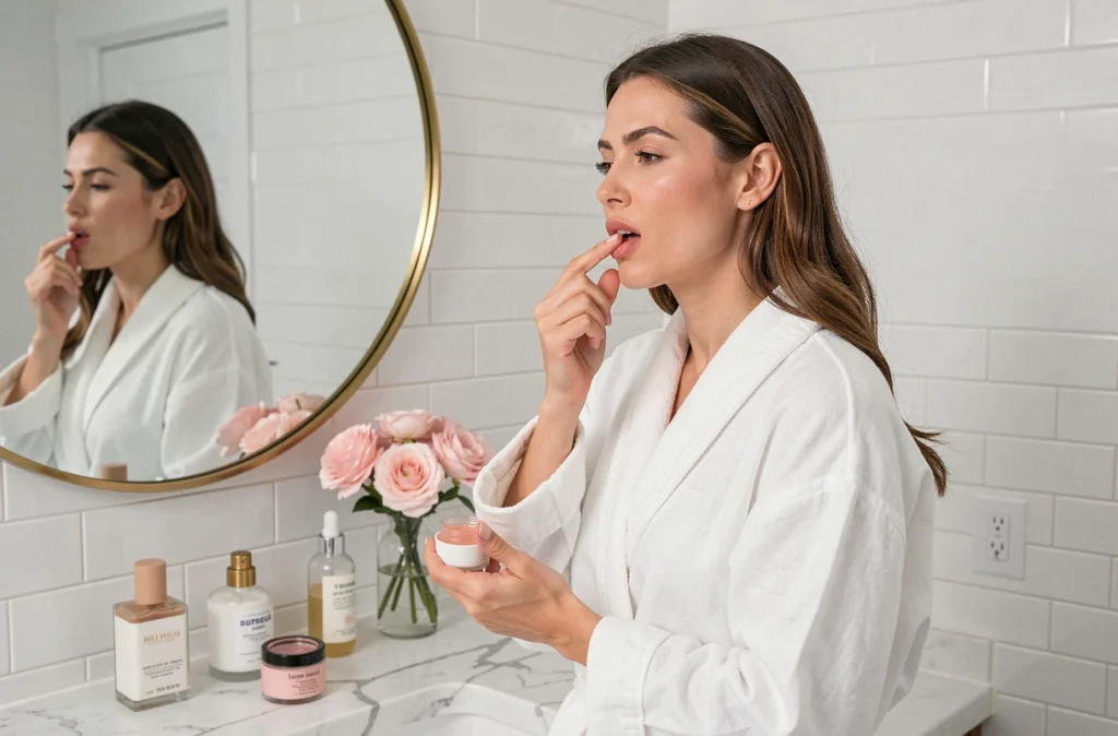 Femme exfoliant ses lèvres avec un gommage maison dans une salle de bain minimaliste au printemps, vêtue d'un peignoir en lin blanc