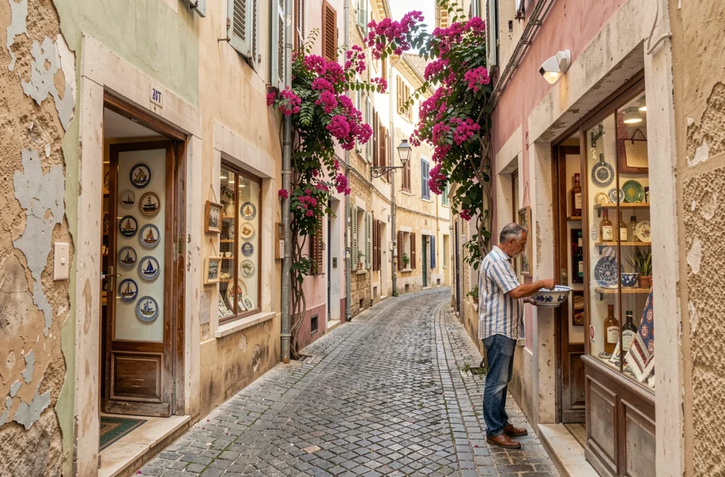 Rue commerçante du quartier du Panier à Marseille avec boutiques de souvenirs locaux et céramiques provençales